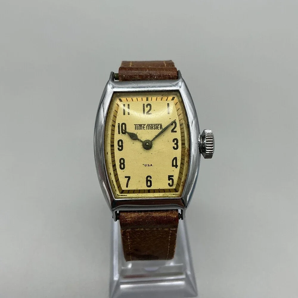 Vintage Time Master Mens Watch 27mm Cream Dial Tonneau Brown Leather Manual USA